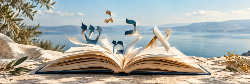 ספר פתוח ואותיות עבריות מעוצבות על רקע אגם
