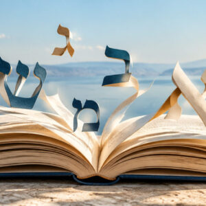ספר פתוח ואותיות עבריות מעוצבות על רקע אגם