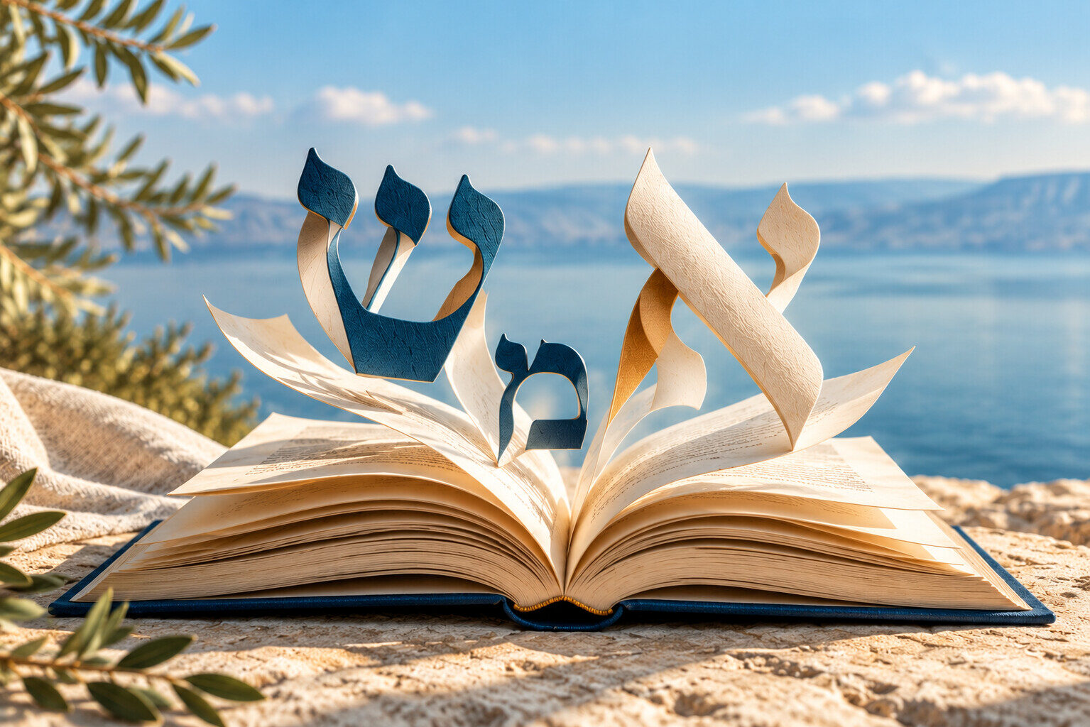 ספר פתוח ואותיות עבריות מעוצבות על רקע אגם